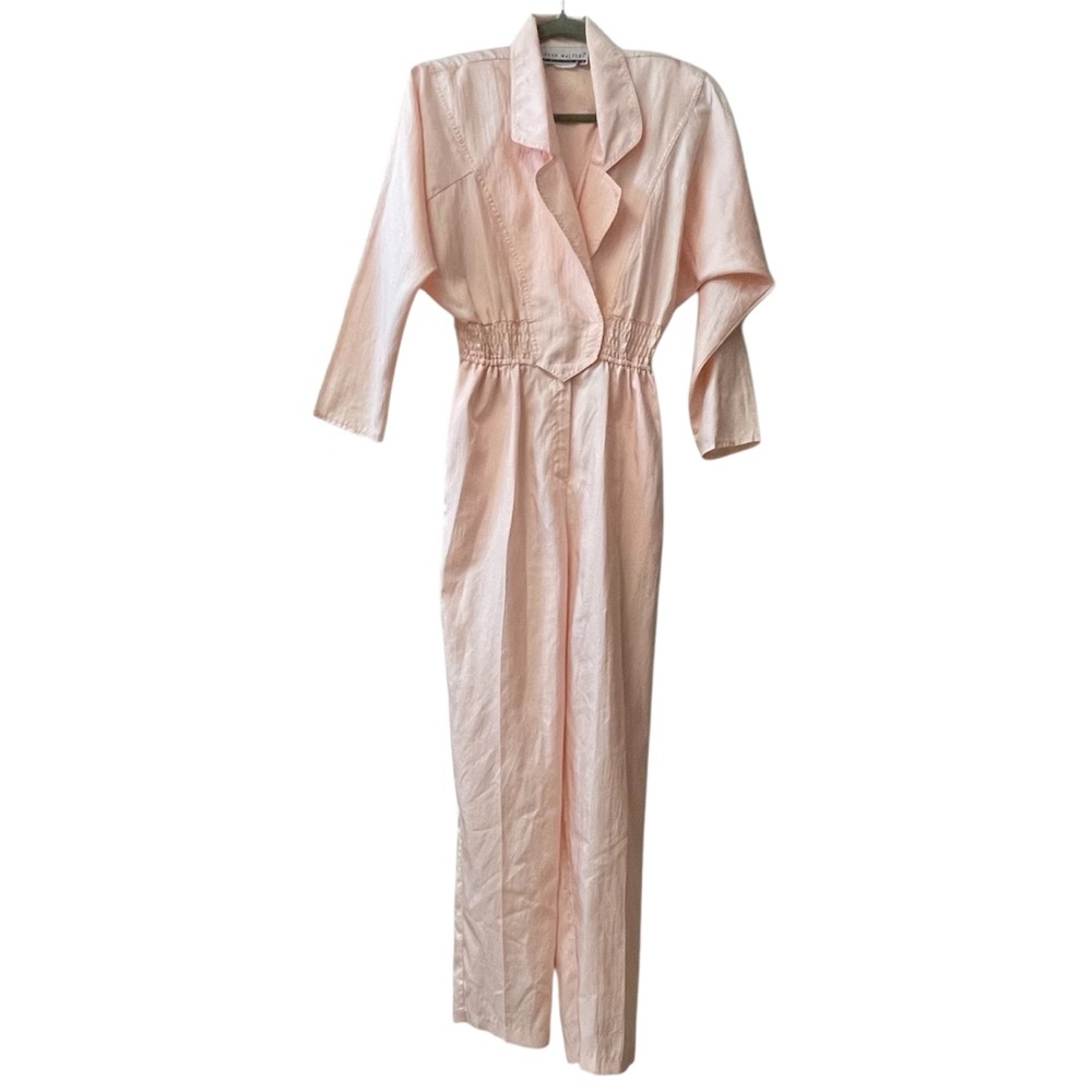 Joan Walters Vintage 80s Soft Pink Crepe Long Sleeve Disco Jumpsuit